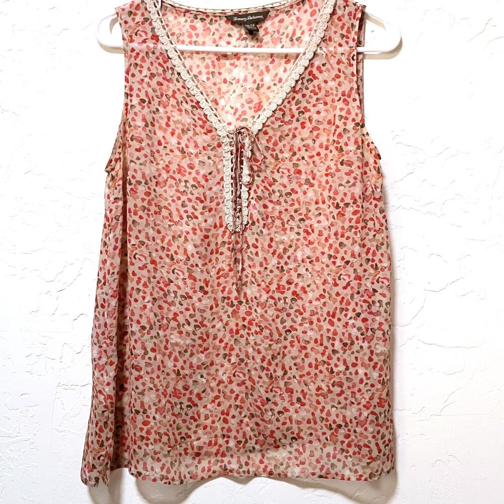 Tommy Bahama 100% Silk Sleeveless Top Beige Red Abstract Sheer Crochet Trim XS